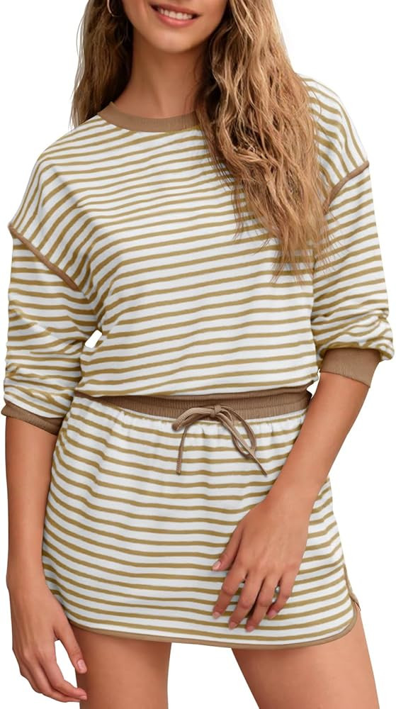 Fisoew Womens Striped 2 Piece Outfits Crewneck Workout Sets High Waist Skort Set Long Sleeve Matc... | Amazon (US)