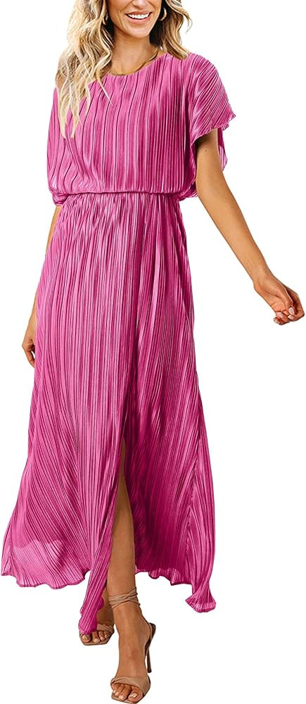 ECOWISH Womens Summer Maxi Dresses: Crew Neck Ruffle Cocktail Dress Sexy Pleated Slit Long Sundre... | Amazon (US)