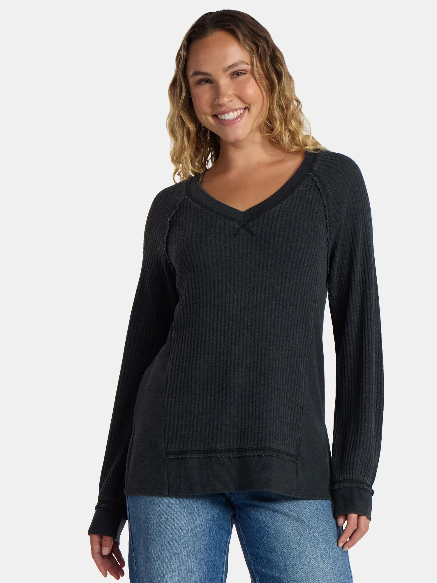 Time and Tru Women's and Women's Plus V Neck Tunic Sweatshirt with Long Sleeves, Sizes XS-4X | Walmart (US)