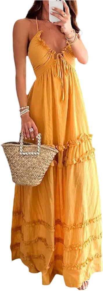 Women's Spaghetti Strap Dresses Deep V Neck A Line Maxi Sundress Sexy Tie-Dye Strappy Beach Flora... | Amazon (US)