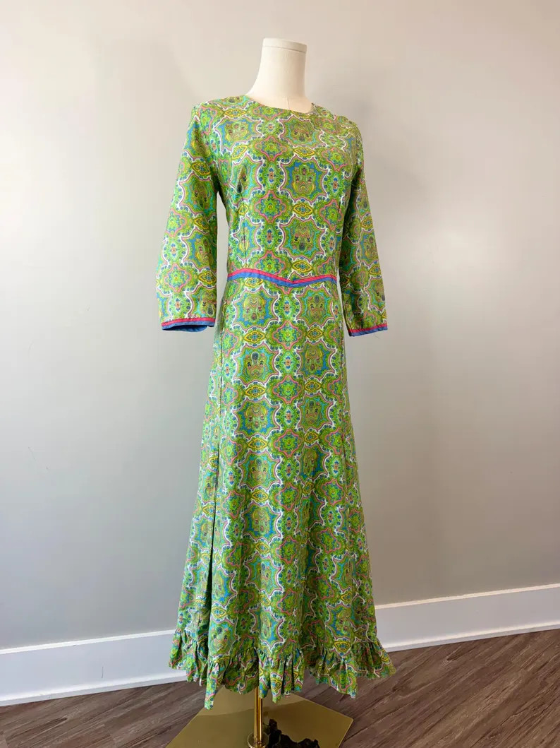Vintage 1970s Maxi Dress Paisley Psychedelic Boho Hippie Cotton Retro Green 70s Size Medium | Etsy (Global)