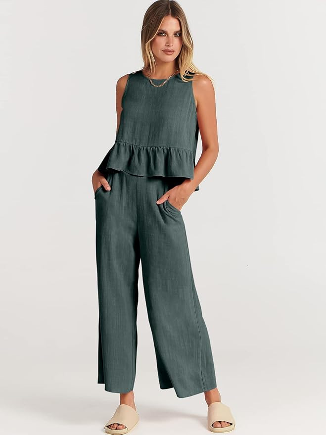 ANRABESS Women's Summer 2 Piece Outfits Sleeveless Tank Crop Button Back Top Cropped Wide Leg Pan... | Amazon (US)