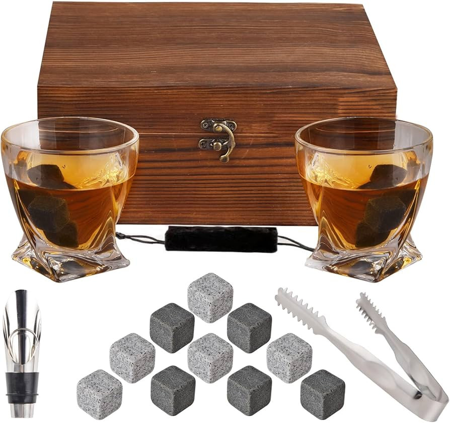 Whiskey Stones Glass Set of 2 Crystal Glasses and 10 Chilling Stones in 2 Colors, 1 Tong, 1 Whisk... | Amazon (US)