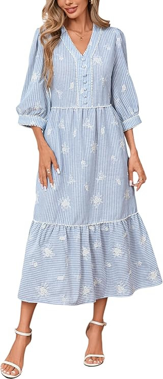 Boho Maxi Dress V Neck Beach Vacation A Line Tiered Long Dress Floral Embroidered Striped Sundres... | Amazon (US)