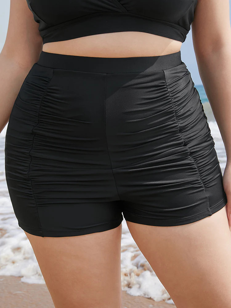Solid High Waist Ruched Detail Swim Shorts | Bloomchic
