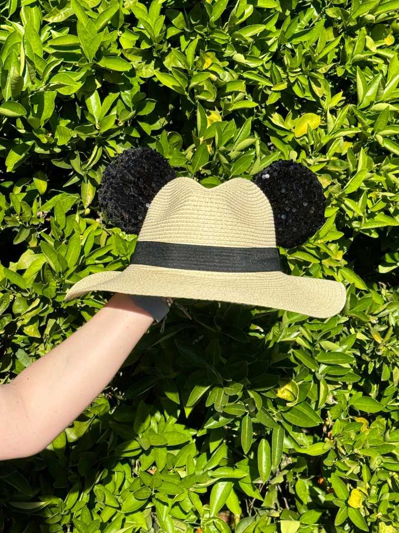NEW Adjustable Safari Straw Beach Summer Hat W Black Velvet Sequin Mouse Ears, Minnie Ears, Micke... | Etsy (US)