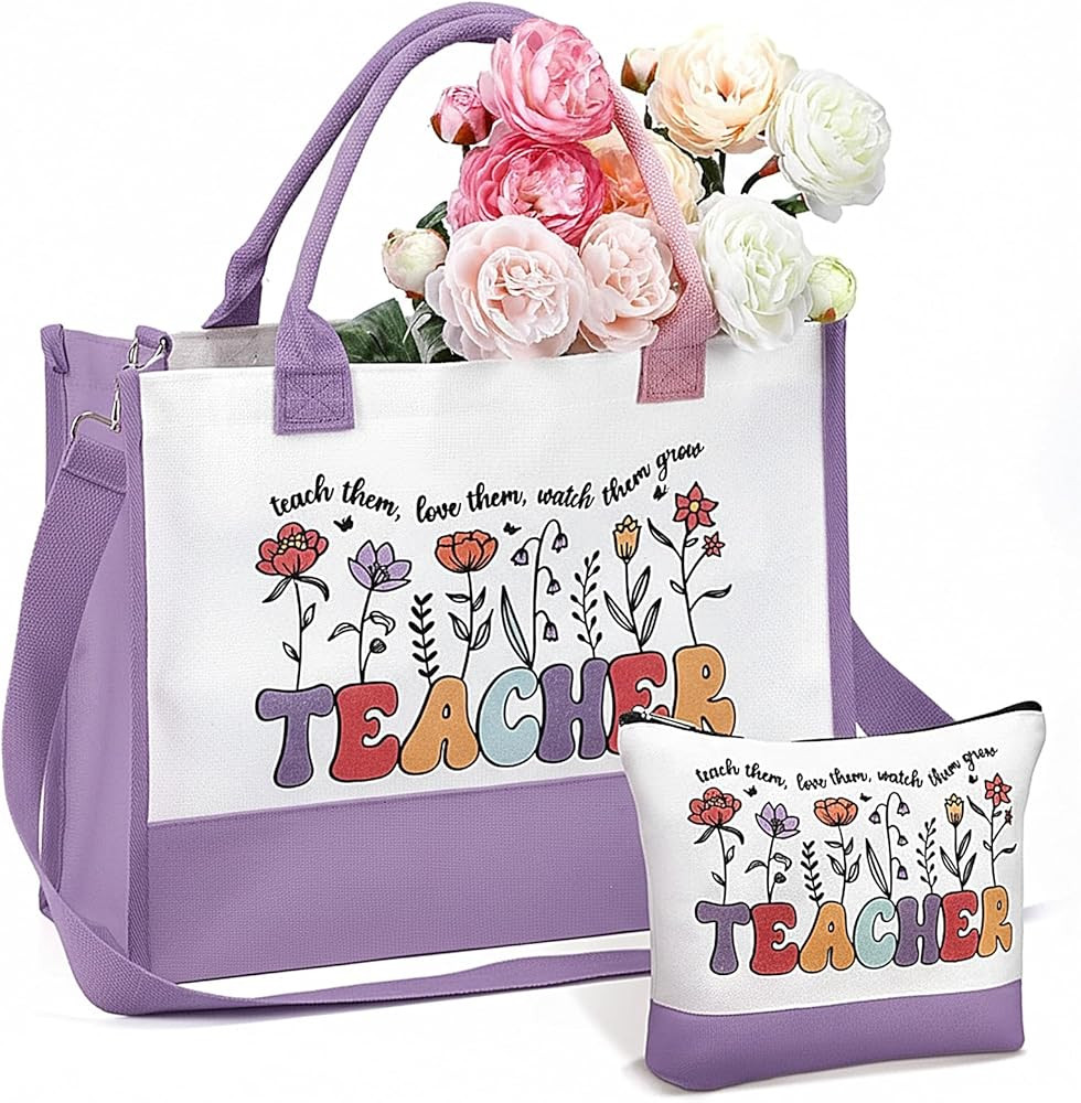 Shinylin 2 Pcs Teacher Appreciation Gifts Canvas Tote Bag with Makeup Bag Thank You Gift for Teac... | Amazon (US)