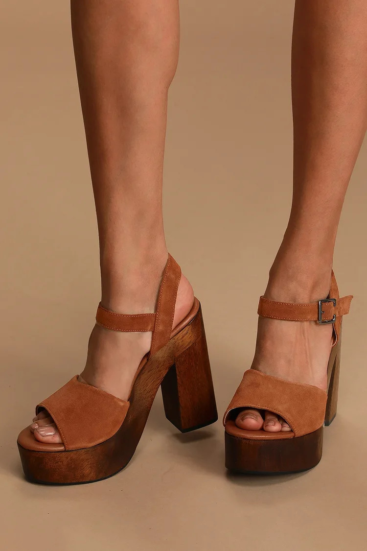 Lolita Leather Cognac Suede Wooden Platform Heels | Lulus (US)