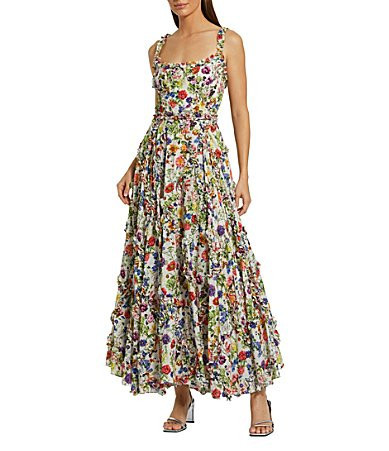 Mac Duggal Floral Print Scoop Neck Sleeveless Micro Ruffle A-Line Gown - 2 | Dillard's