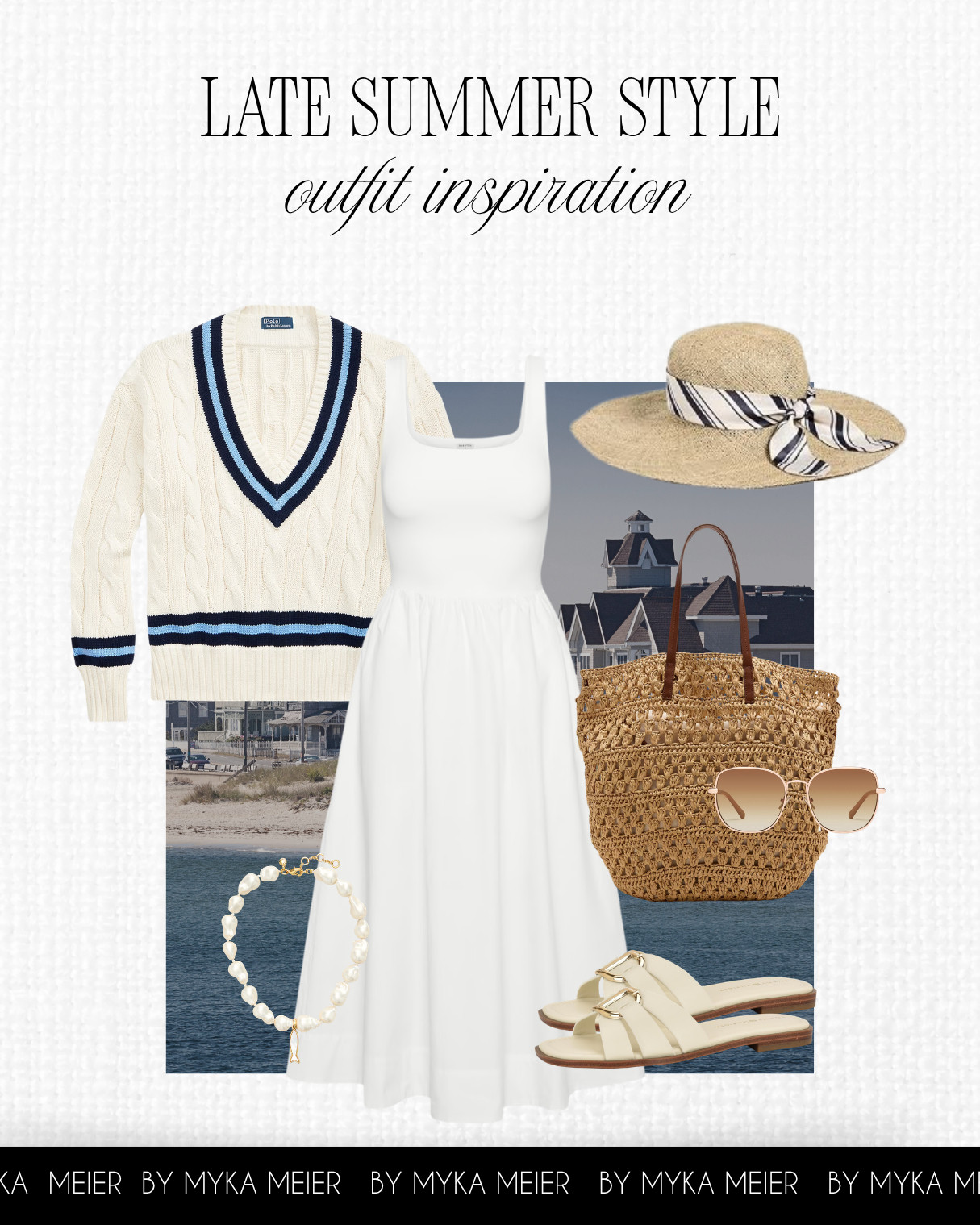 The perfect late summer outfit for coastal getaways and everyday elegance. A breezy white dress, classic cable knit sweater, and woven accessories create a timeless look you'll wear into early fall. ☀️ 

 #LTKootd #LTKSeasonal #LTKTravel