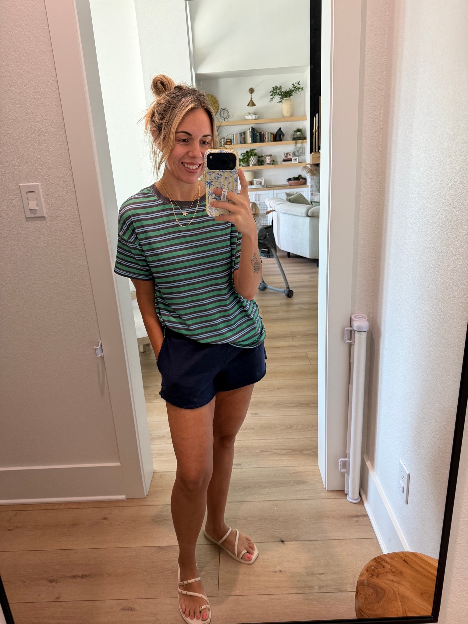Loopy code: wifeonadime 
Wearing my true size small in this cute striped tee and my fave comfy shorts!

#LTKmomlife #LTKootd #LTKmorningroutine