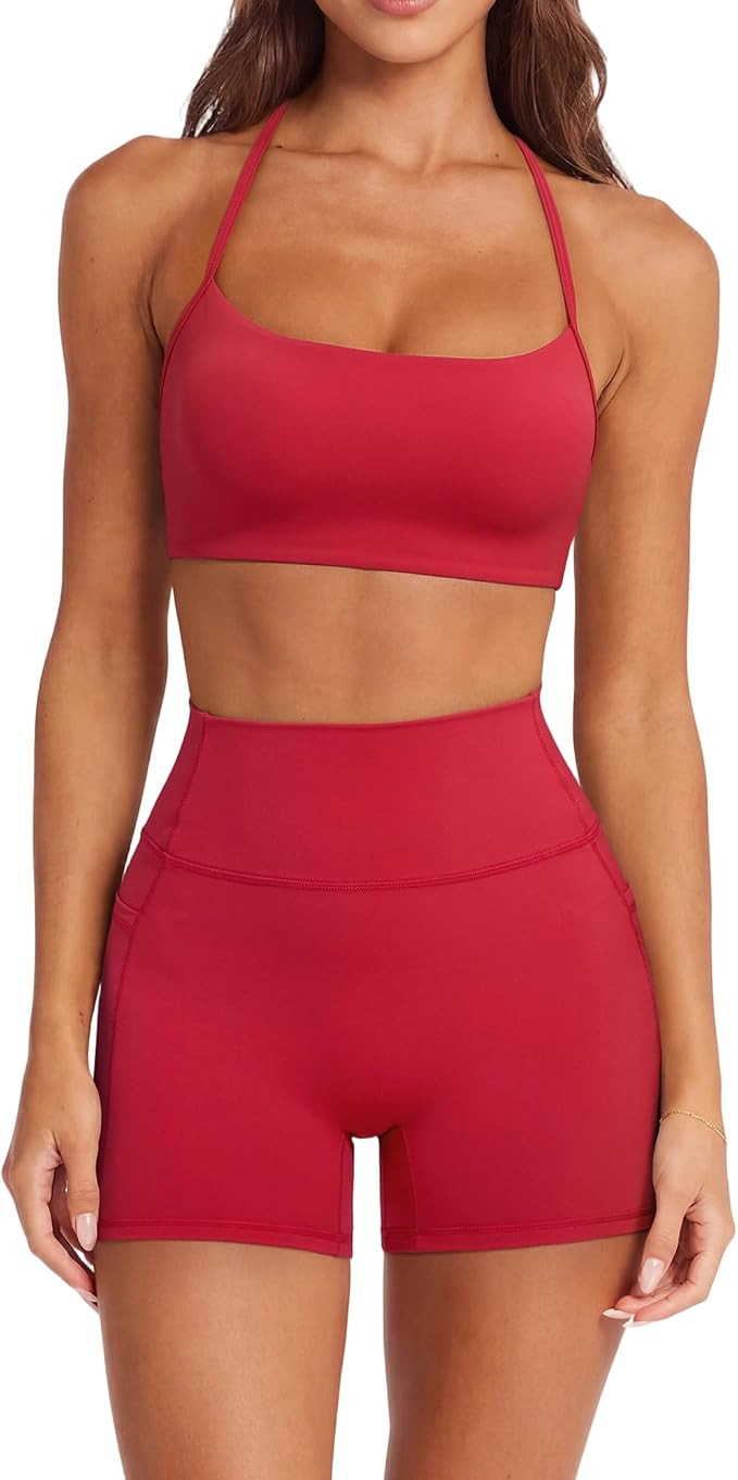 SUUKSESS Women 2 Piece Workout Sets Padded Halter Sports Bras High Waisted Biker Shorts with Pock... | Amazon (US)