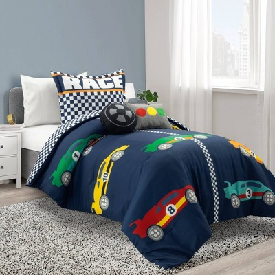 4pc Twin Kids' Racing Cars Reversible Oversized Comforter Bedding Set Navy - Lush Décor: Race Car Bedding, Microfiber | Target