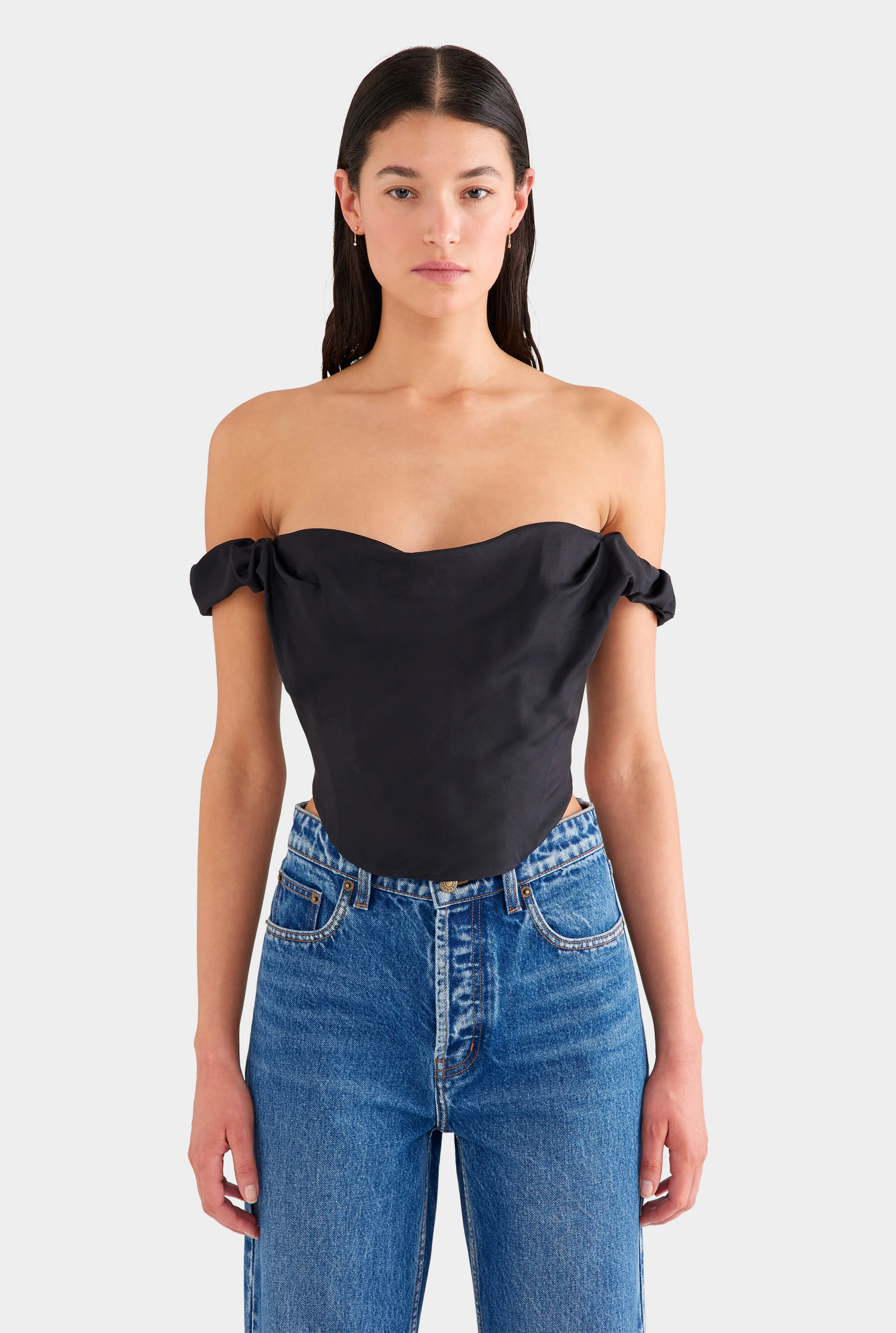 Womens Draped Silk Corset Top in Black | Venroy | Venroy AU