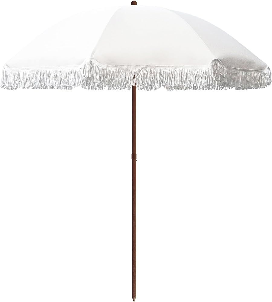 7ft Patio Umbrella with Fringe Outdoor Tassel Beach Umbrellas Premium UPF50+ Steel Pole Foldable ... | Amazon (US)