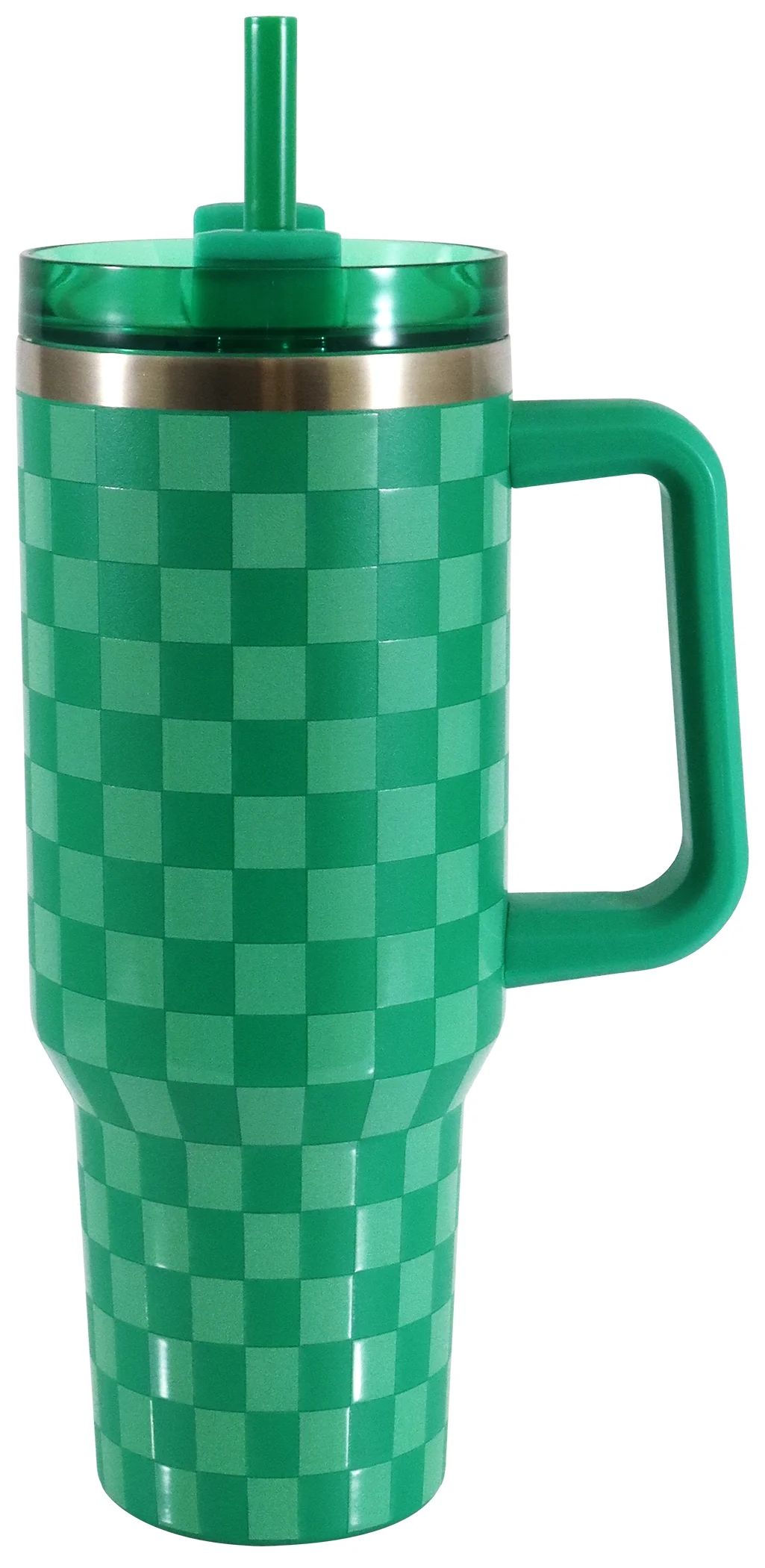 Mainstays 40 oz Stainless Steel Tumbler with Straw and Handle, Double Wall Insulated, Green Check | Walmart (US)