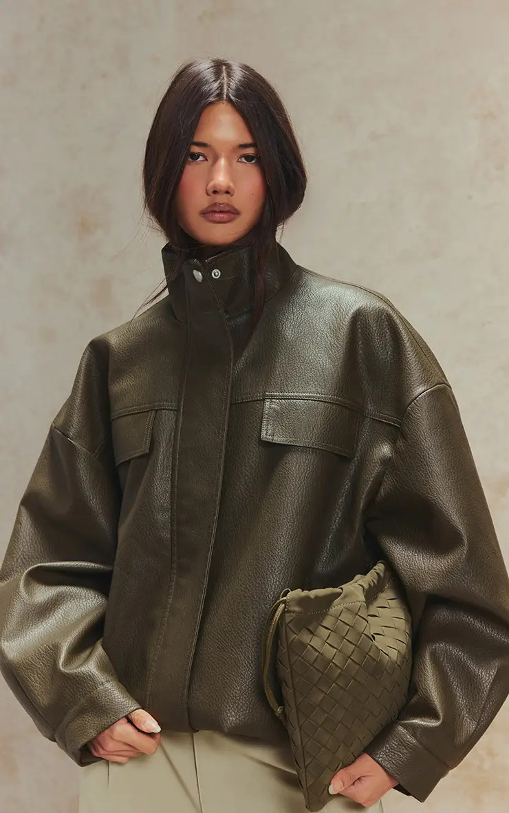 Khaki Funnel Neck Concealed Placket Faux Leather Jacket | PrettyLittleThing US