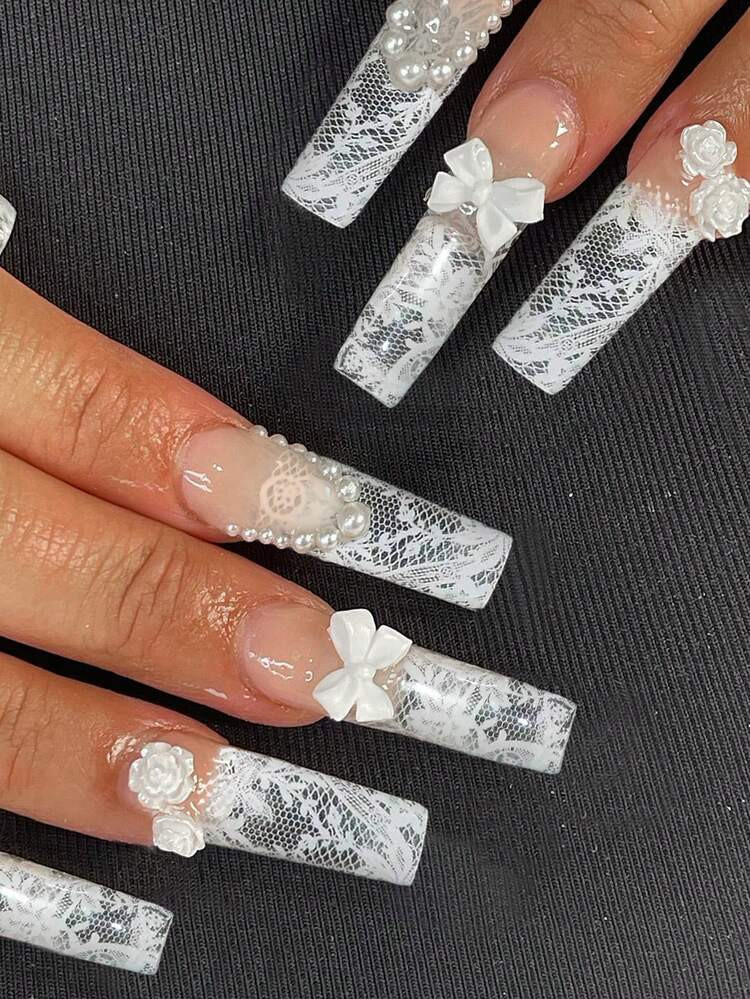 24 Pieces Of Rectangular White Lace-Patterned Nail Patches, 3D Flowers, Bows And Faux Pearl Decorations, Made Of Acrylic Material, Including 1 Piece Of Jelly Glue And 1 Nail File, Suitable As A Nail Care Product Gift For Women And Girls. Nails Nail Supplies | SHEIN