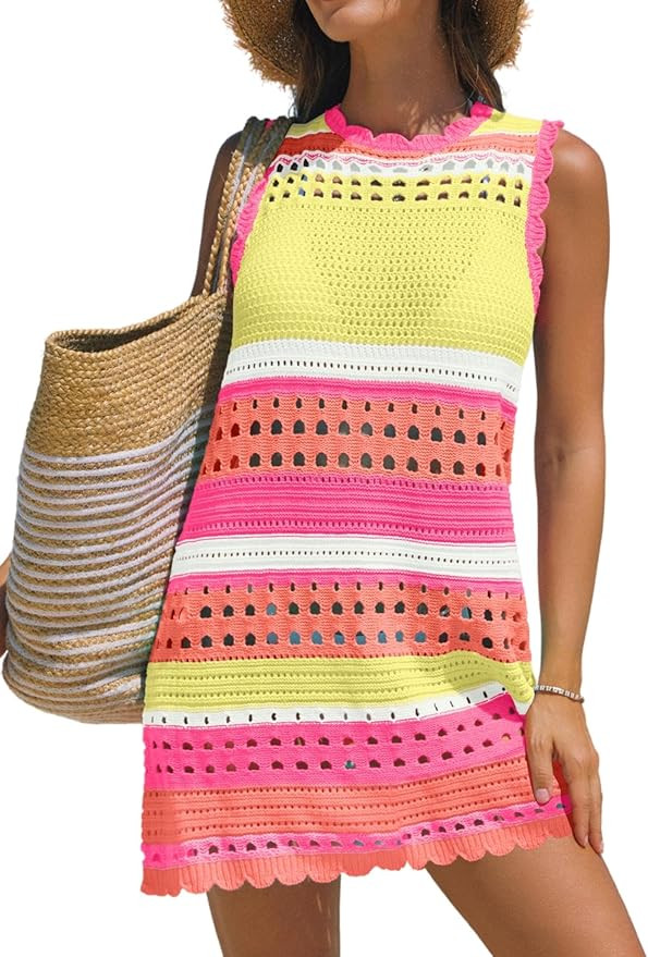 popvil Women’s Swimsuit Crochet Swim Cover Up 2026 Sleeveless Loose Bathing Suit Swimwear Mesh ... | Amazon (US)