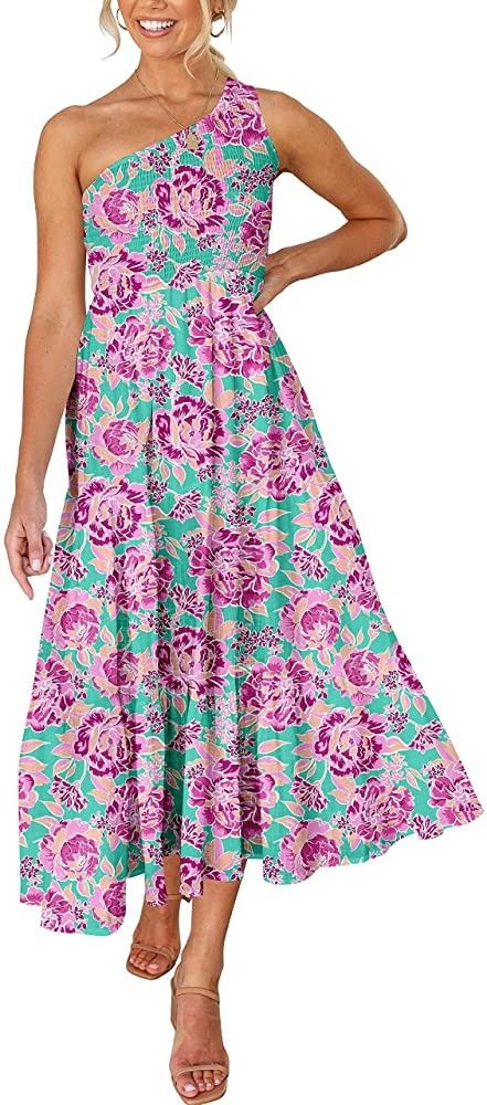 LOGENE Women's One Shoulder Sleeveless Casual Summer Dresses Smocked High Waist Boho Pleated Swin... | Amazon (US)