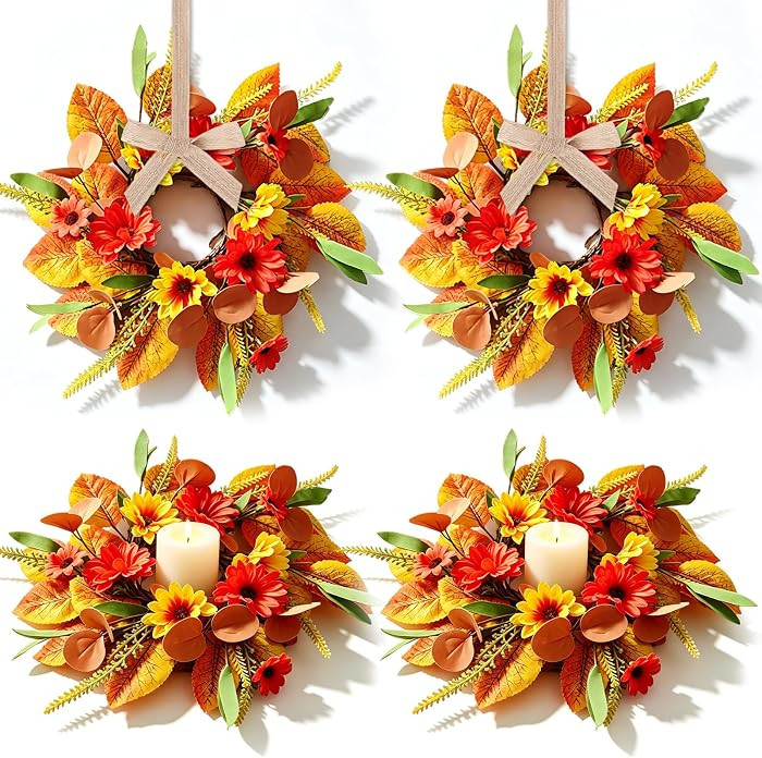 4 Pcs Fall Wreath for Front Door, Autumn Maple Leaf Cabinet Wreath with Artificial Flowers Berrie... | Amazon (US)