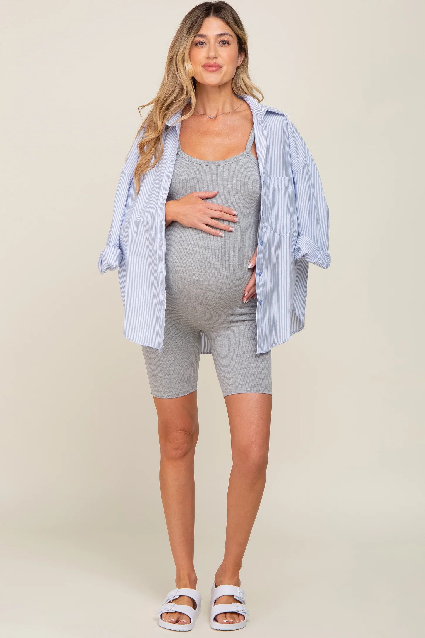 Heather Grey Rib Knit Sleeveless Maternity Romper | PinkBlush Maternity