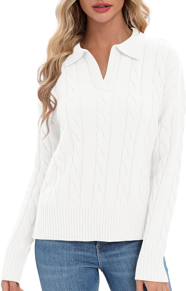 Urban CoCo Women's V-Neck Knit Pullover Sweaters Lapel Collar Casual 2023 Fall Jumper Tops | Amazon (US)