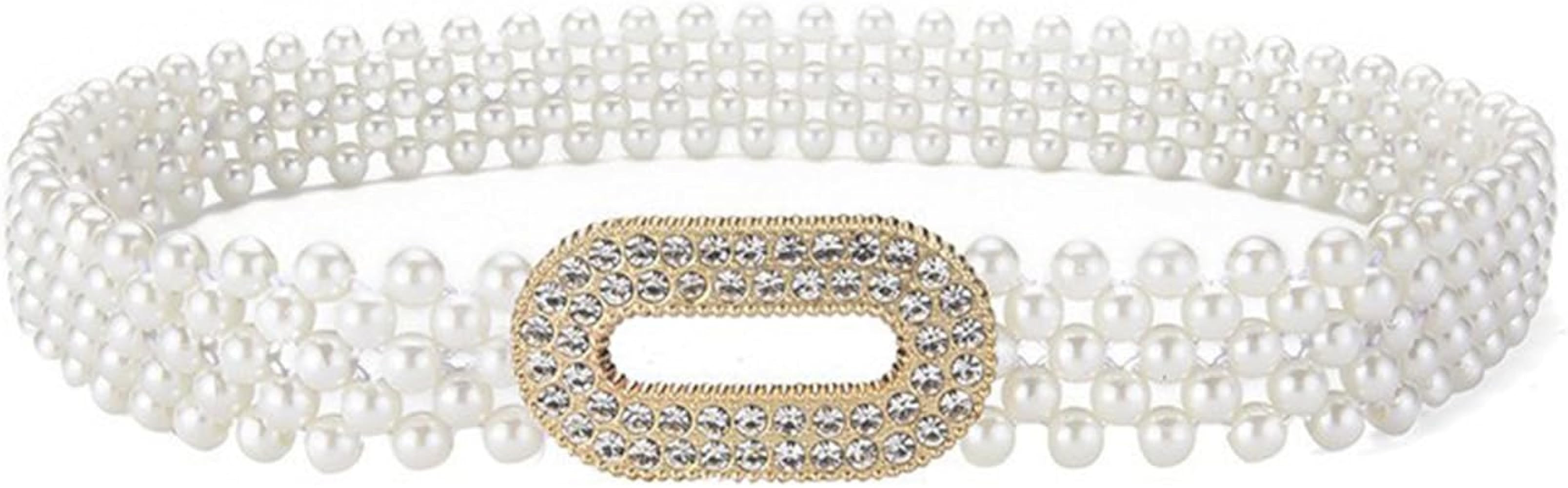 Pearl Elastic Chain Belt Adjustable Stretchy Metal Crystal Flower Buckle Waist Belt Western Body ... | Amazon (US)