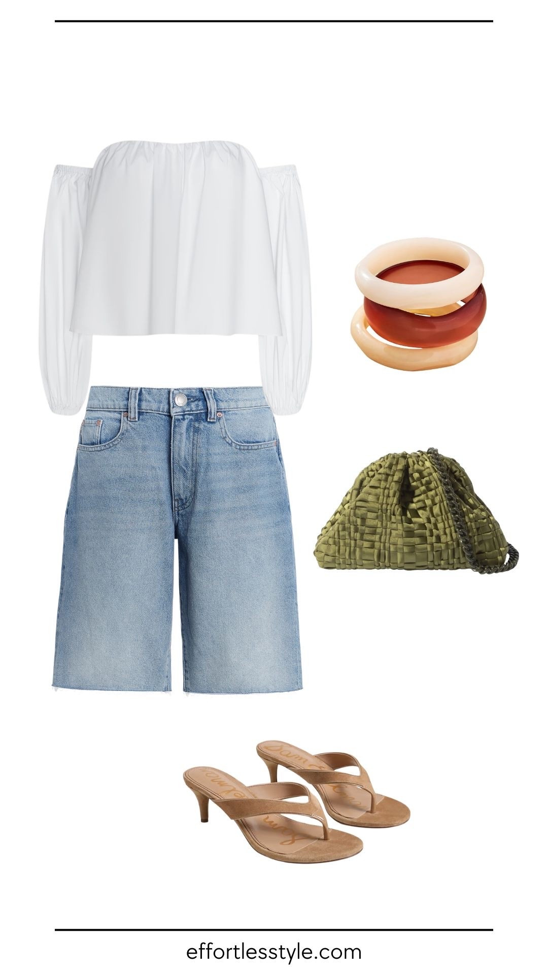 Sometimes Bermuda shorts call for a bit more fun and color. A white off-shoulder top and light blue denim shorts feel fresh and modern. Tan heeled sandals and a green quilted bag add just enough edge. This look works for brunches, shopping, or any casual outing where you want to feel put-together.

#LTKdayinmylife #LTKgrwm #LTKootd