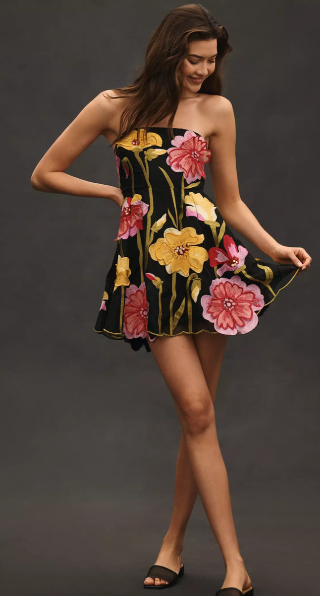 By Anthropologie Strapless Floral Organza Mini Dress | eBay US