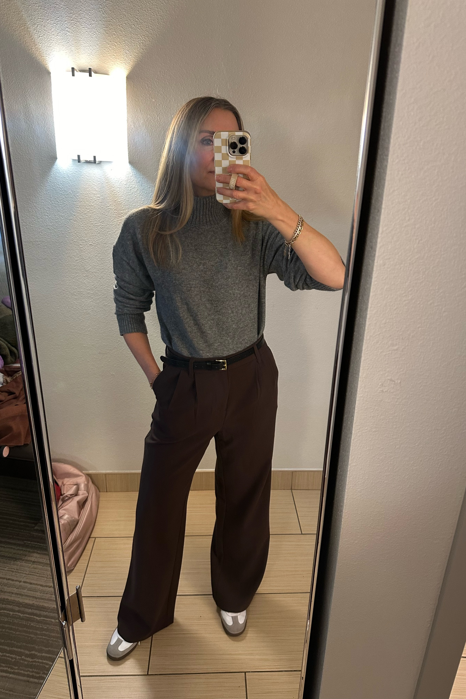 Winter outfit inspo. Love this gray mock neck see, only $29 wearing size small. The best trousers, I have them in three colors! Size medium. Adidas sambas, brown trousers, black belt, workwear, office outfit #ltkcyberweek

#LTKOver40 #LTKFindsUnder50 #LTKSaleAlert