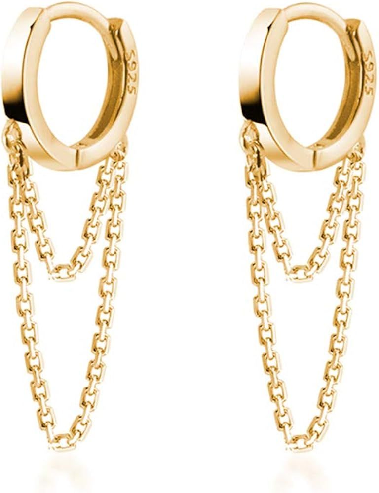 925 Sterling Silver Tassel Chain Drop Dangle Small Hoop Earrings Huggie for Women Teen | Amazon (US)