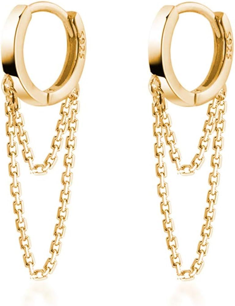 925 Sterling Silver Tassel Chain Drop Dangle Small Hoop Earrings Huggie for Women Teen | Amazon (US)