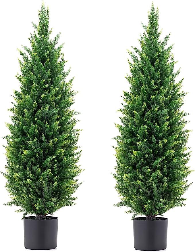 ECOLVANT Two 3.5ft (42'') Artificial Cedar Topiary Trees UV Rated Potted Plants Artificial Shrubs... | Amazon (US)