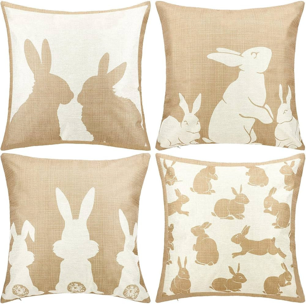 4 Pieces Happy Easter Throw Pillow Covers Rabbit Bunnies Cushion Pillowcase Beige and White Rabbi... | Amazon (US)