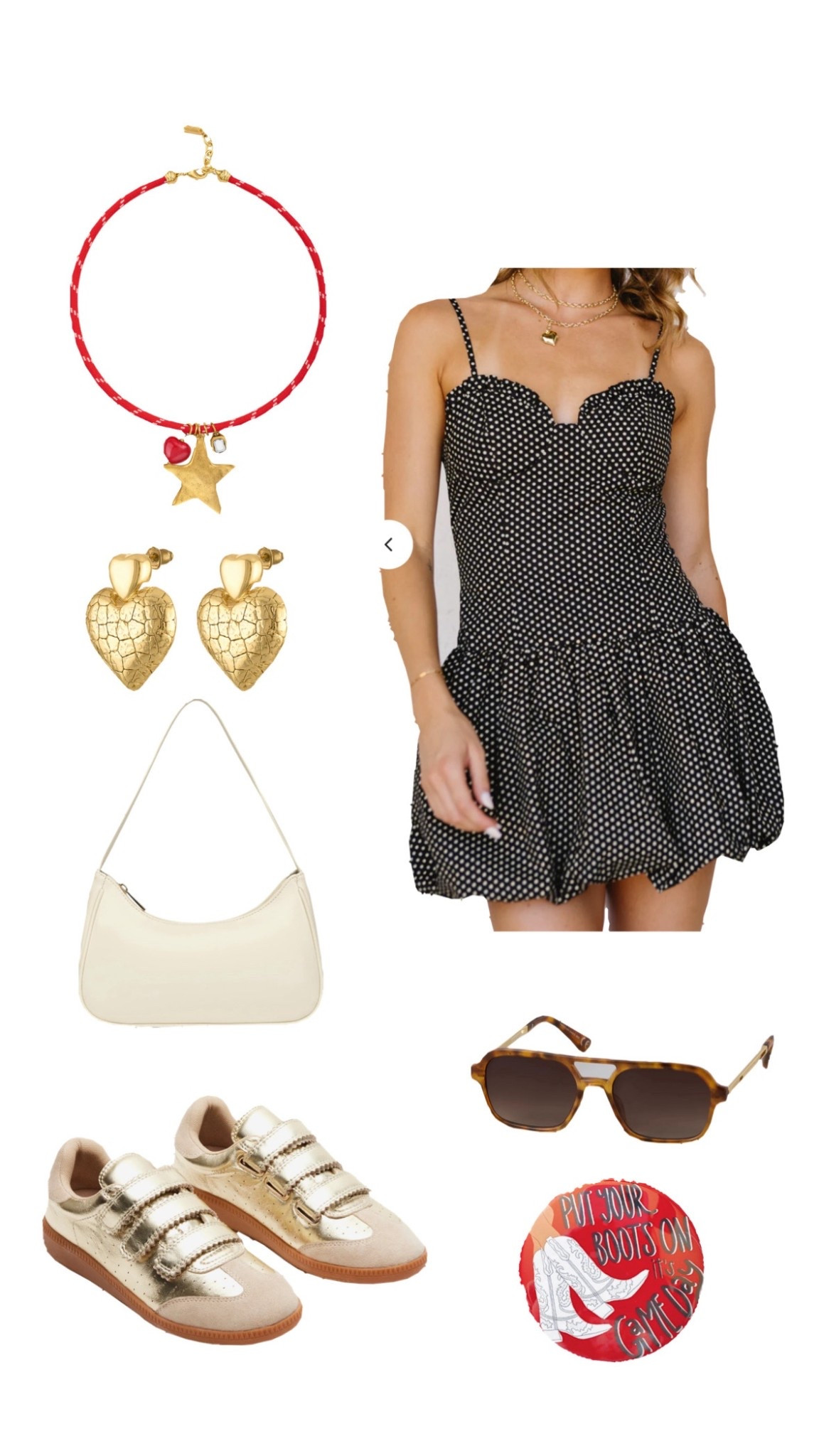 Alabama game day outfits, red and black game day inspo, nc state game day outfits, South Carolina game day outfits, college football, game day outfit inspo, gold jewelry, red necklace, fabric necklaces, gold shoes, black mini dresses, polka dot mini dresses