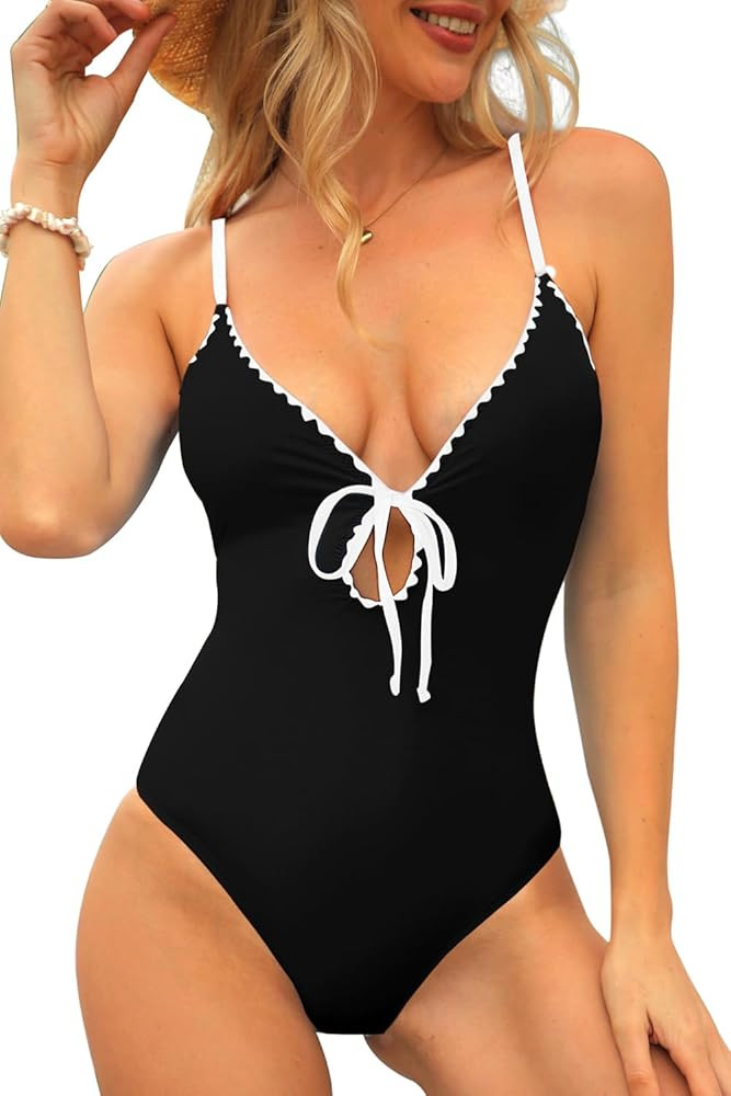 CHYRII Women's Sexy Cutout Scalloped One Piece Swimsuit V Neck Bathing Suit Swimwear | Amazon (US)