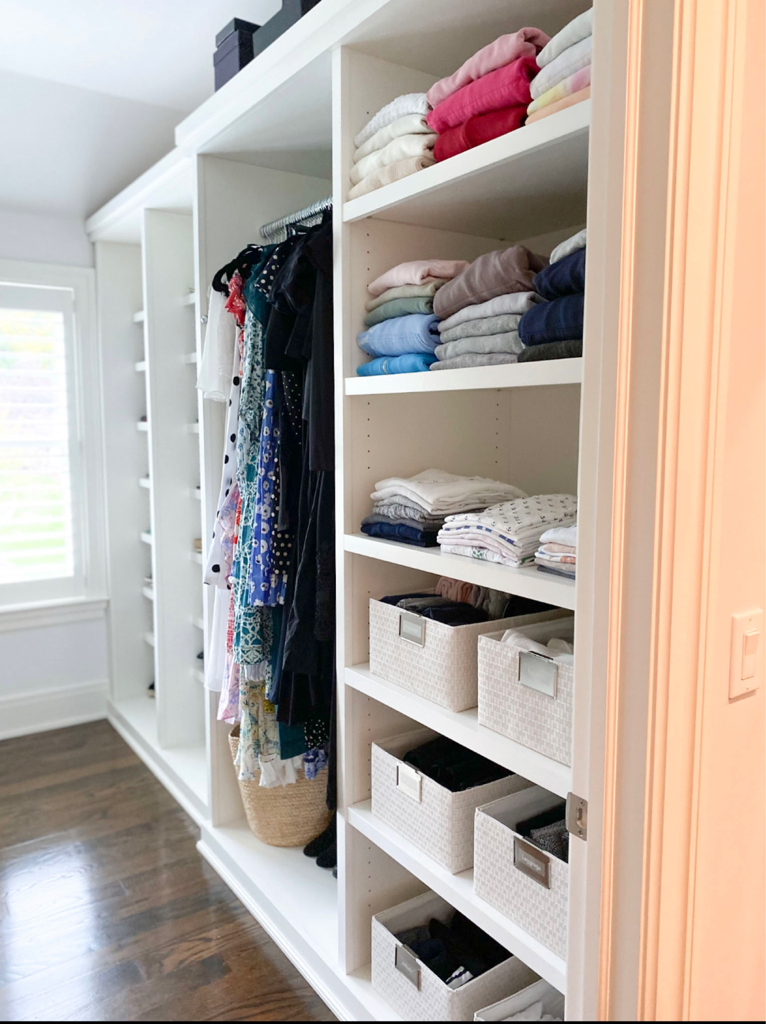 Baskets are your friend when it comes to clothing closets! They corral like items and hide the mess for an elevated look. These are one of our favorite baskets because they are lined so your clothes won’t catch on the basket and the base is soft so won’t scratch your shelves ✔️
Adding a label makes sure you know the contents! 

#LTKhome