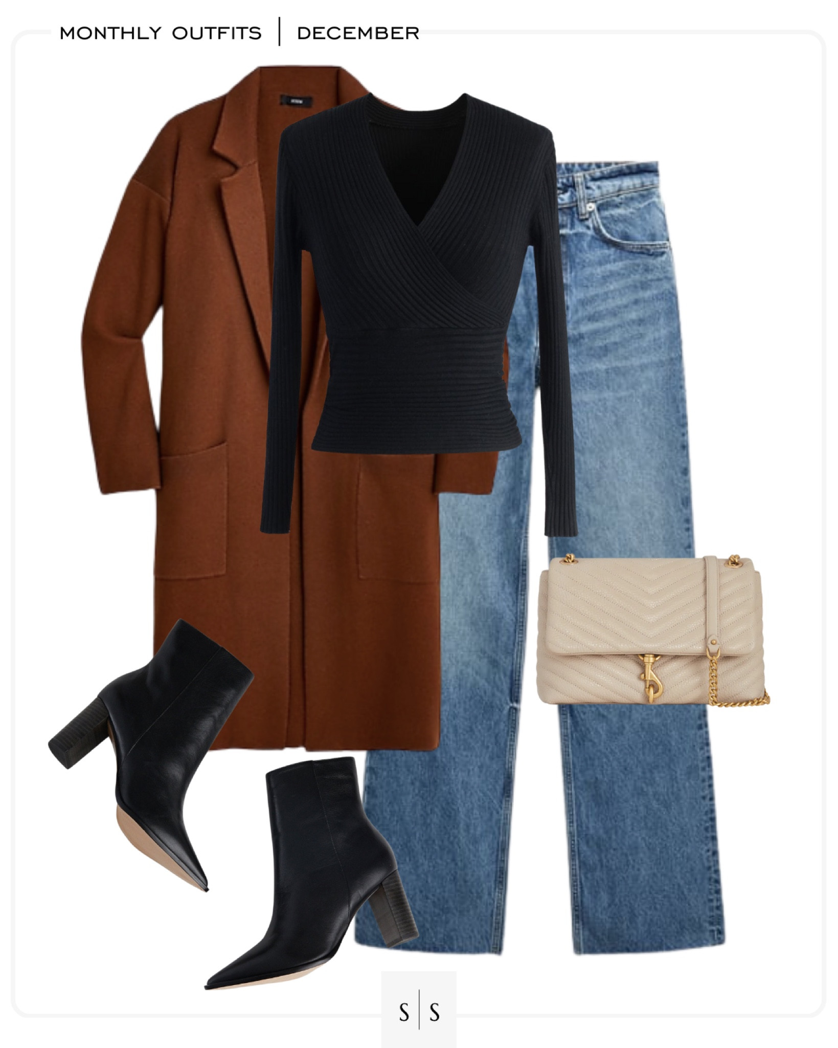 Monthly outfit planner : DECEMBER looks | #coatigan #wrapsweater #widelegjean #blackboot #flapcrossbody #winteroutfit #holidayoutfit | See entire calendar on thesarahstories.com ✨  

#LTKstyletip