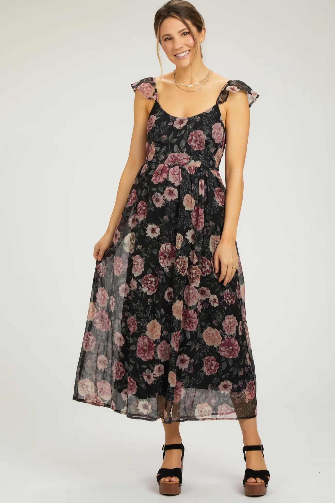 Black Floral Chiffon Back Tie Maternity Maxi Dress | PinkBlush Maternity