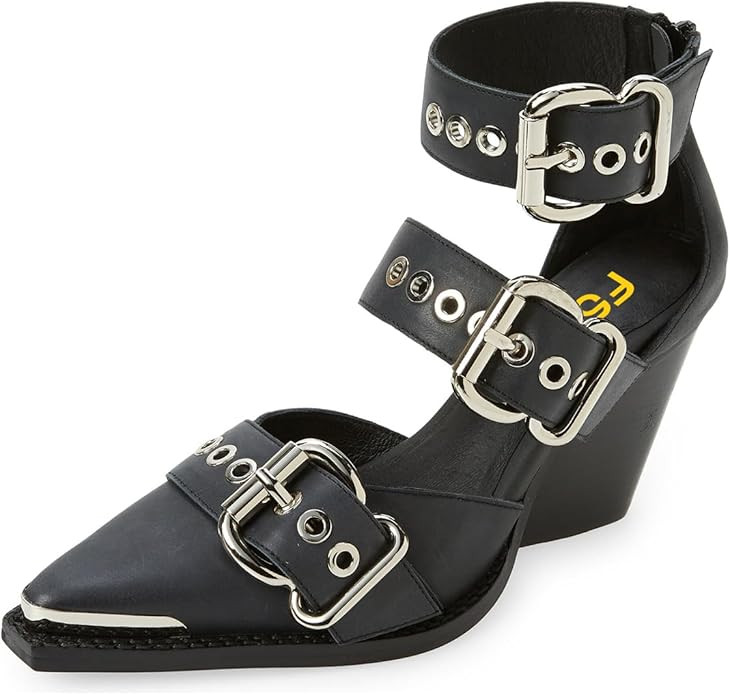 FSJ Women Pointed Toe Metal Buckle Hollow Out Leather Strappy Medium Thick Wedge Stacked Heel San... | Amazon (US)