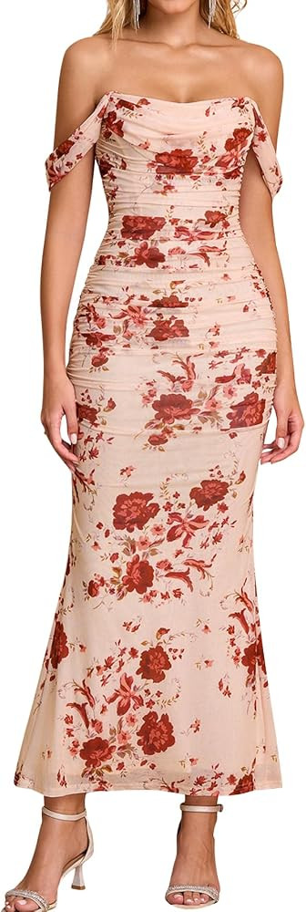 KUTUMAI Off The Shoulder Maxi Long Dress Corset Ruched Bodycon Cocktail Formal Wedding Guest Dres... | Amazon (US)