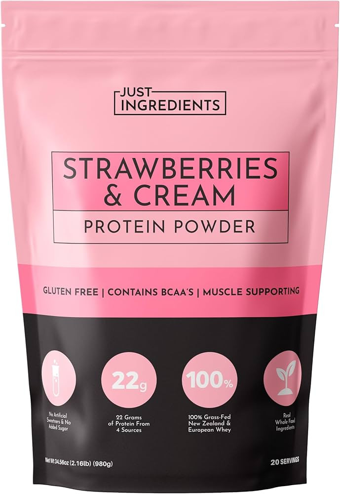 JUST INGREDIENTS Strawberries & Cream Protein Powder – 20-Serving Blend with 100% Grass-Fed Whe... | Amazon (US)