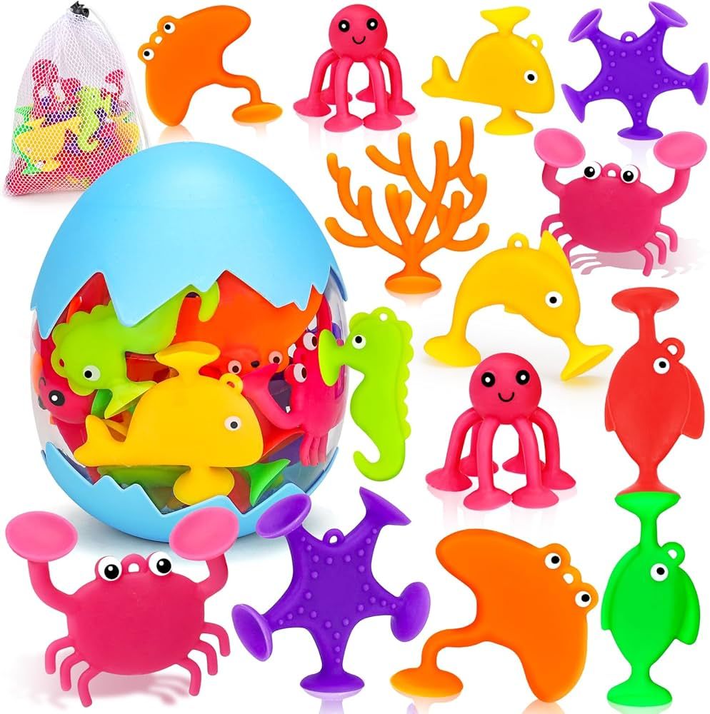 Toddler Suction Bath Toys: 18PCS Ocean Suction Cup Toys with Eggshell & Bag No Hole Mold Free Bat... | Amazon (US)