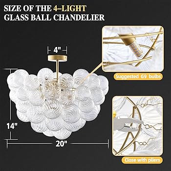 Semi Flush Mount Ceiling Bubble Ball Chandelier Lighting Dia 20 Inch Gold Clear Ribbed Blown Glas... | Amazon (US)