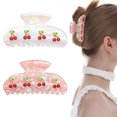 CWJCYTNSN Cherry Hair Claw Clips For Women, 2Pcs Hair Clips With The Rhinestone Pattern In Red Cherry, Medium Hair Clips for Thick Thin Hair Styling Sectioning | Amazon (US)