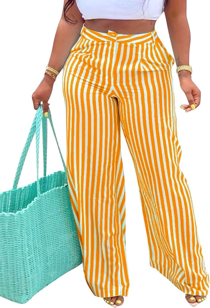 MESLIMA Women's Casual High Waist Trousers Fashion Striped Print Summer Loose Wide Leg Pants with... | Amazon (US)
