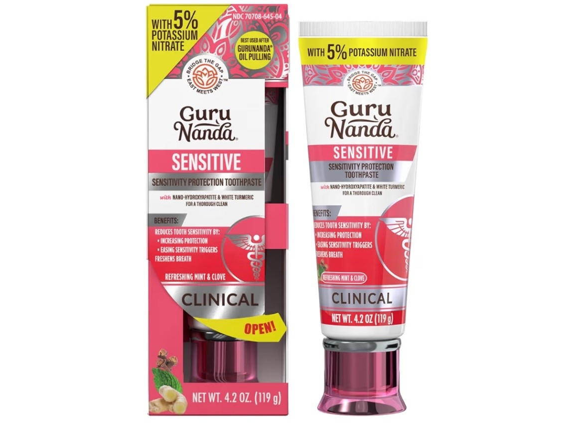 GuruNanda Sensitive Toothpaste – 5% Potassium Nitrate for Tooth Sensitivity Relief, Nano Hydroxyapatite & White Turmeric for Happy Gums, Fluoride-Free, Natural Clove Mint, 4.2 oz