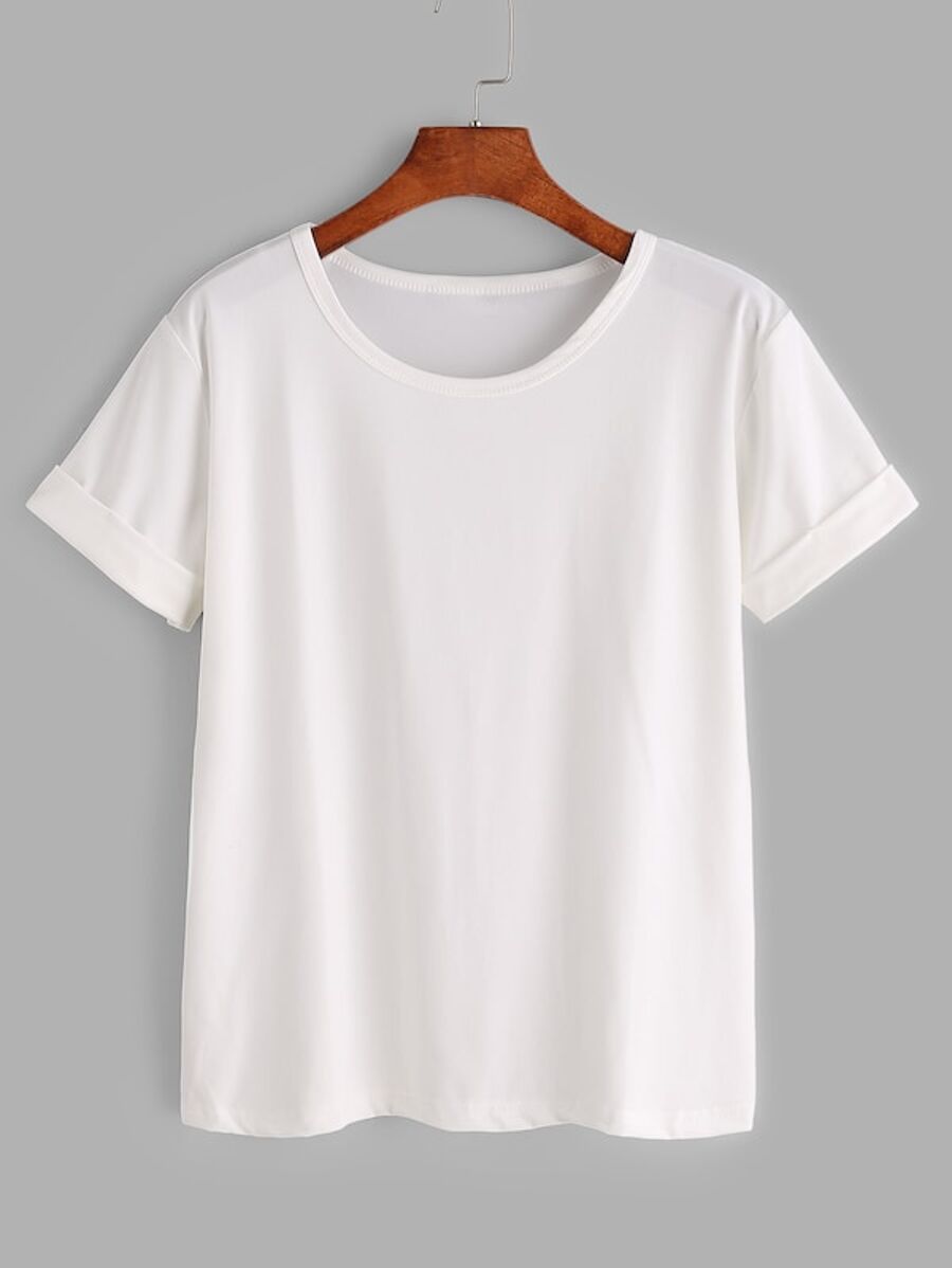 Plus Solid Rolled Sleeve Tee | SHEIN