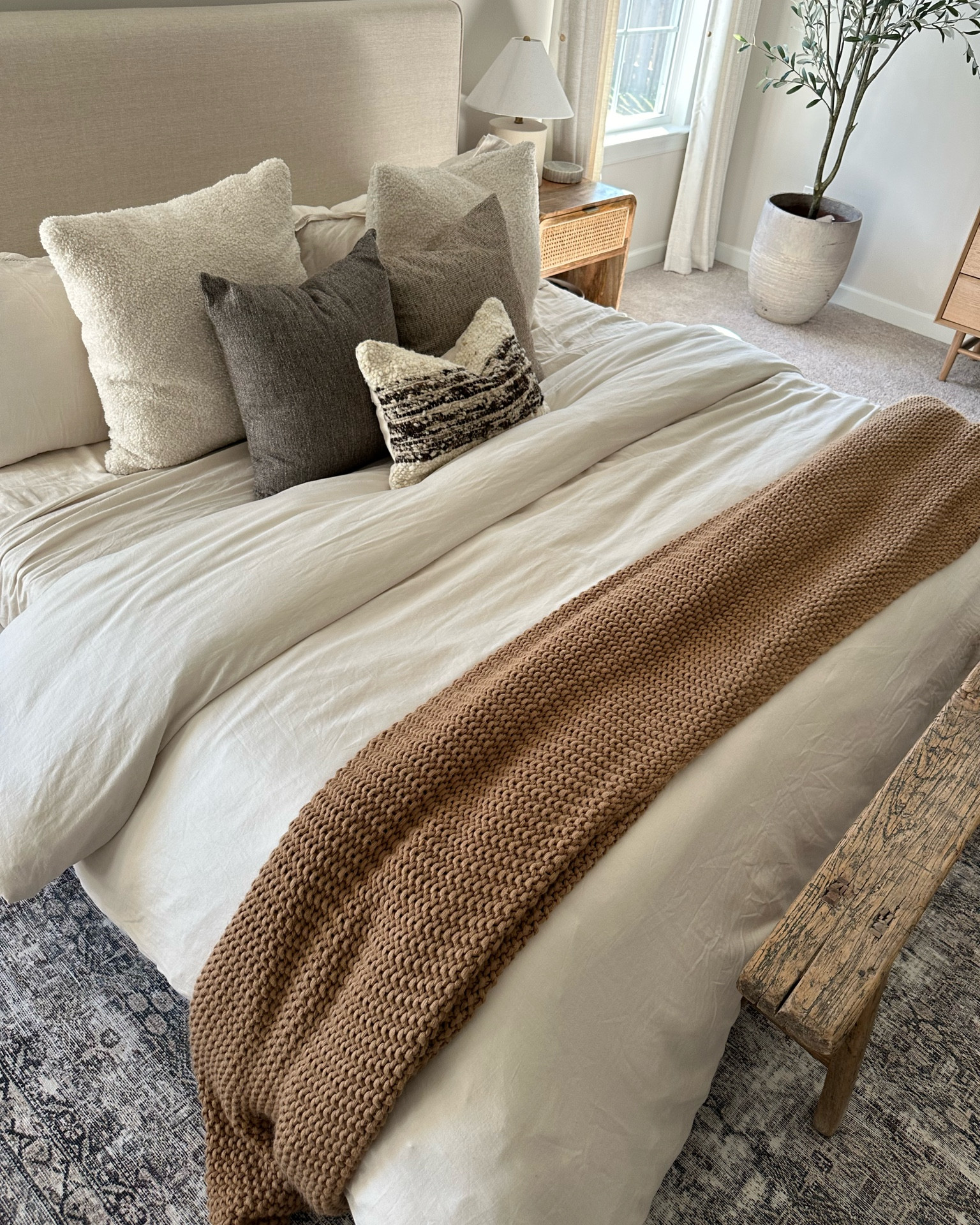 Bedroom!
Linen bedding, bed blankets,
Bench,  vintage bench, bed pillows, throw pillows,
Olive tree, area rug, bedding, bedroom design 

#LTKCyberWeek #LTKhome #LTKsalealert